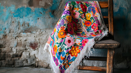 Mexican shawl with intricate embroidery in floral patterns, draped over a wooden chair against a rustic background 