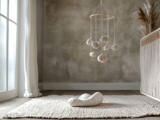 Serene nursery scene with soft textures and natural light, featuring a neutral palette and inviting atmosphere. Mobile and rug.