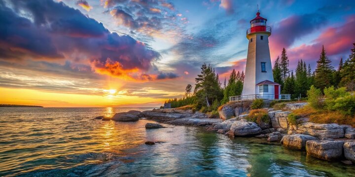 Lighthouse at Sunset: A majestic lighthouse stands sentinel on a rocky coastline, bathed in the breathtaking hues of a vibrant sunset, casting its guiding light over the tranquil sea.