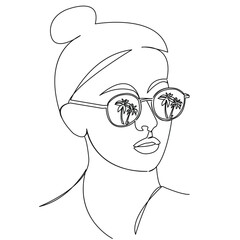 One continuous single drawing line art flat doodle girl, woman, beach, summer, glasses, palm, tourism, tree. Isolated image hand draw contour on a white background
