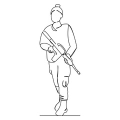 One continuous single drawing line art flat doodle soldier, military, female, army, weapon, war, armed. Isolated image hand draw contour on a white background
