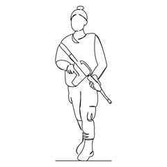 One continuous single drawing line art flat doodle soldier, military, female, army, weapon, war, armed. Isolated image hand draw contour on a white background
