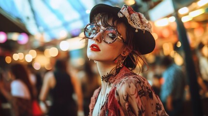 Obraz premium Stylish woman in crowd with glowing city lights