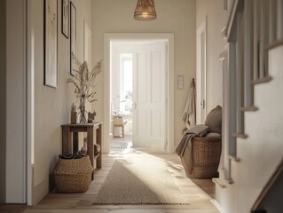 Fototapeta premium Inviting foyer showcasing warm, neutral tones and rustic accents, creating a cozy and welcoming atmosphere in a well-lit home.