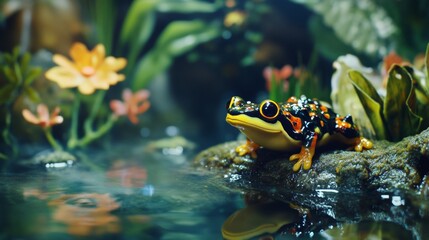 Tiny frog on lily pad near blooming flower