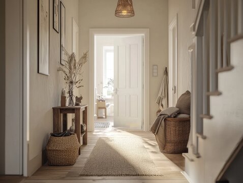 Inviting foyer showcasing warm, neutral tones and rustic accents, creating a cozy and welcoming atmosphere in a well-lit home.