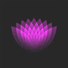 Vibrant abstract neon soft purple flower logo with layered translucent petals and starry noise texture on dark background symbolizing harmony, balance, luxury, and creative digital floral expression.