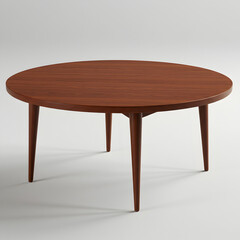 Sleek round wooden table centerpiece against a soft white backdrop scene