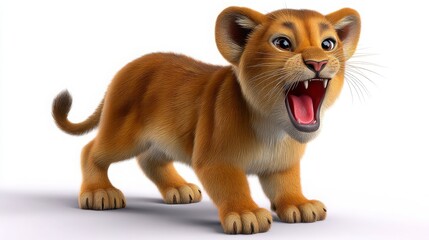 Tawny Lion Cub Roaring Against White Background