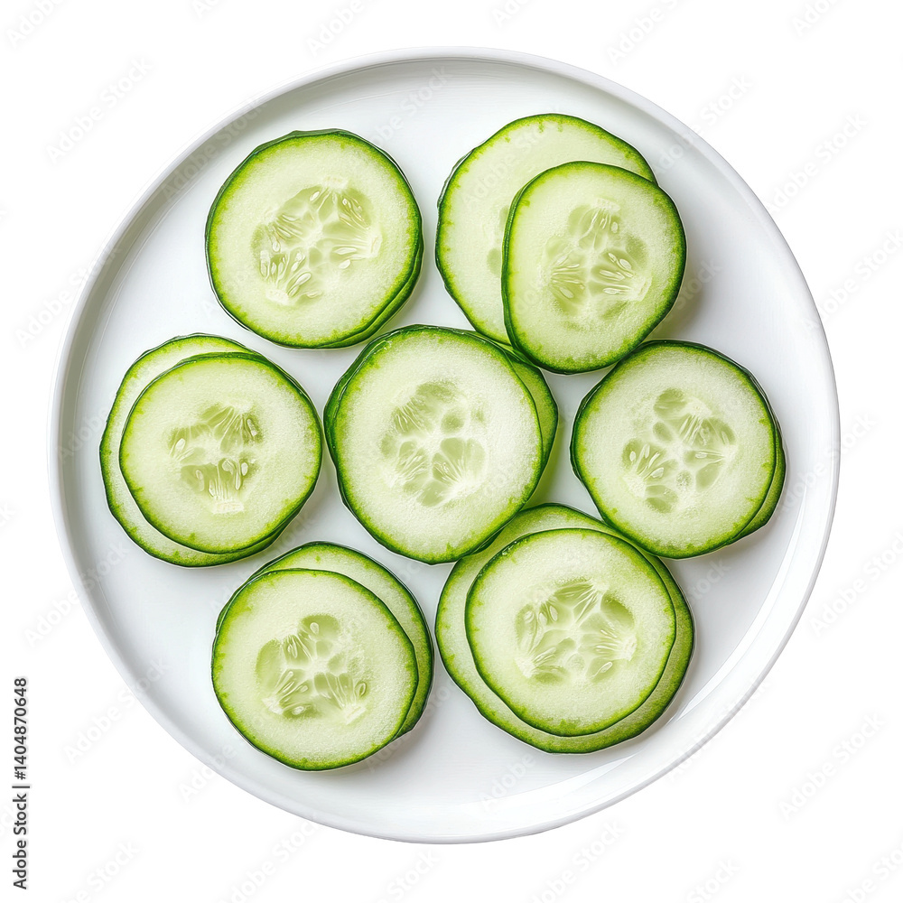 Poster fresh cucumber slices arranged neatly on a white plate isolated on a clean transparent background, c