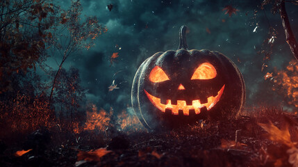 Spooky Halloween Jack-o'-Lantern in Dark Forest Night Scene