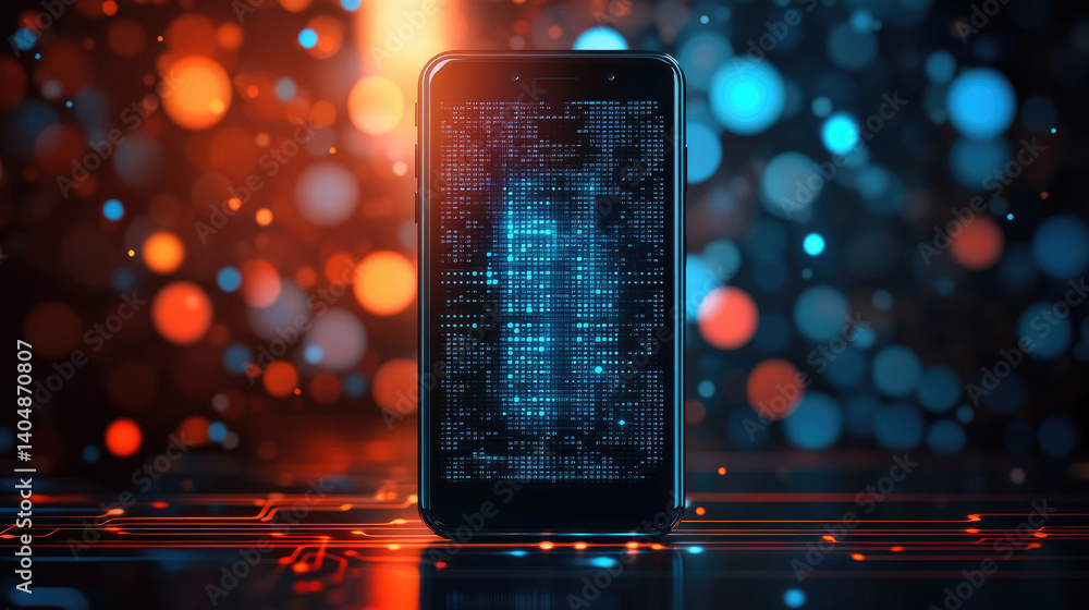 Poster unlocking the future digital data streams of a locked phone illustrated in flat design virtual space