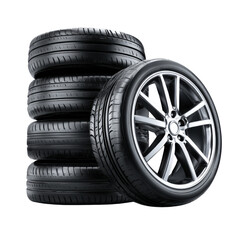Stack of Black Tires and Alloy Wheel on Transparent Background