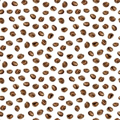 Watercolor illustration of coffee beans seamless pattern on white. Realistic style. Suitable for packaging design, logos, posters, menus, advertising for coffee brands, and cafes.