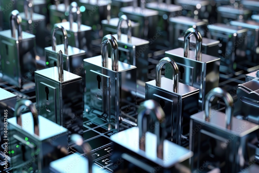 Poster countless metallic padlocks represent data security in the digital world