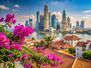 Fototapeta premium Cityscape Bloom: A vibrant cityscape featuring modern skyscrapers and traditional architecture is adorned by a profusion of bright pink flowers in the foreground.