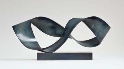 A dark blue abstract sculpture of a twisted, looped form.