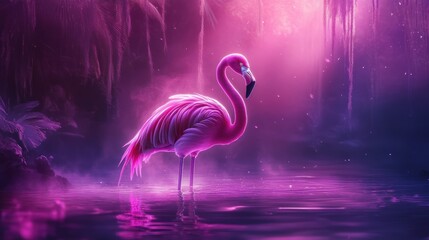 Ethereal flamingo bathed in vibrant magenta light reflected in calm waters