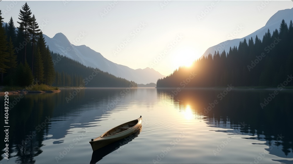 Poster the image shows a canoe on a lake with the sun setting in the background