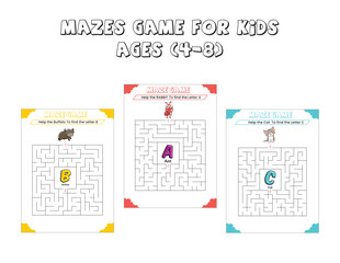 Maze game for kids worksheet for education. Maze puzzle game for children. Outline maze or labyrinth game with alphabet.
