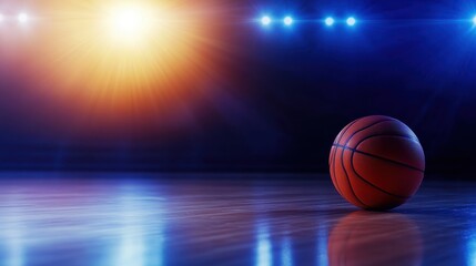 A vibrant basketball resting on a polished court under dramatic lighting, hinting at a game