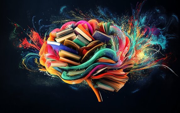 Artistic abstract brain with books and creative symbols of learning and emotional growth, representing contemplation and innovation, colorful, modern design, ultraHD