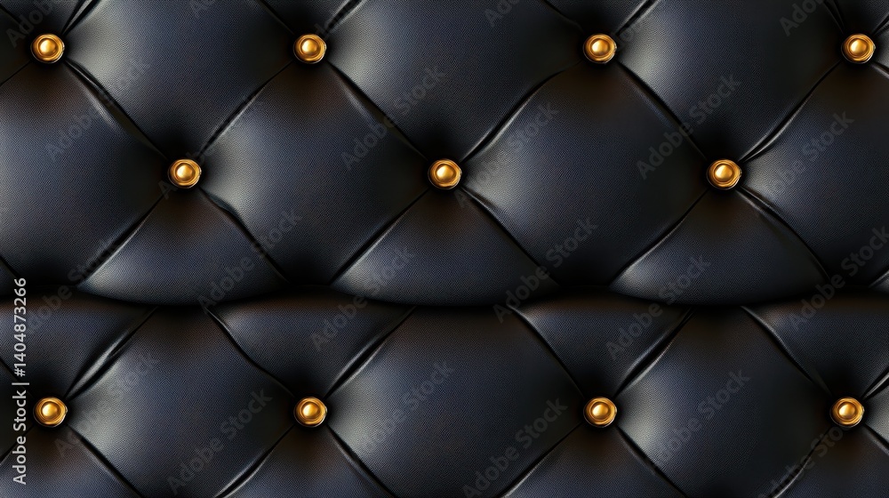 Poster close-up view of a black tufted leather surface with golden buttons, showcasing texture and design