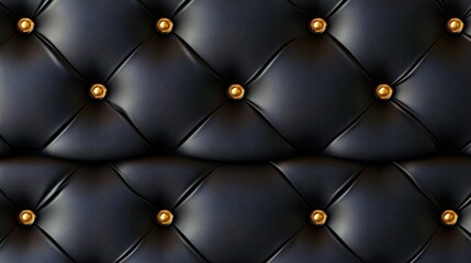 Fototapeta premium Close-up view of a black tufted leather surface with golden buttons, showcasing texture and design