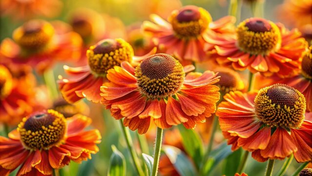 Autumn Helenium Bloom: A vibrant cluster of helenium flowers, ablaze in shades of fiery orange and warm yellow, captures the essence of late summer and early autumn beauty.