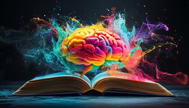 Colorful brain exploding from open book, creativity concept.