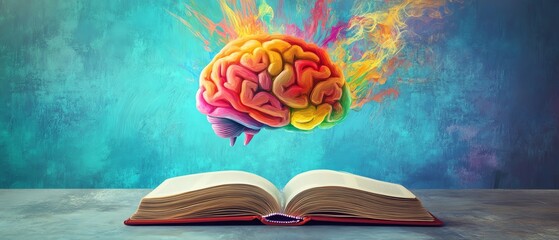 Colorful brain above open book; knowledge, learning, wisdom.
