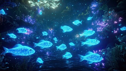 A glowing underwater scene with bioluminescent fish swimming through dark waters, their soft glow lighting up the deep ocean.