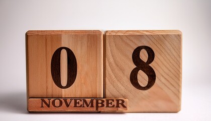 Minimalist photo of wooden blocks with date 8 November. Day and month, calendar on white background
