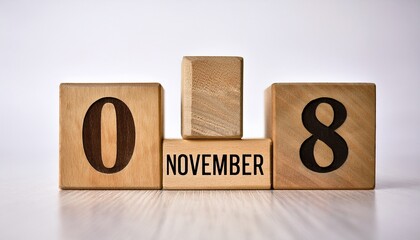 Minimalist photo of wooden blocks with date 8 November. Day and month, calendar on white background