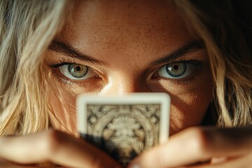 Young woman holding tarot card close to her face in minimalistic studio with soft lighting