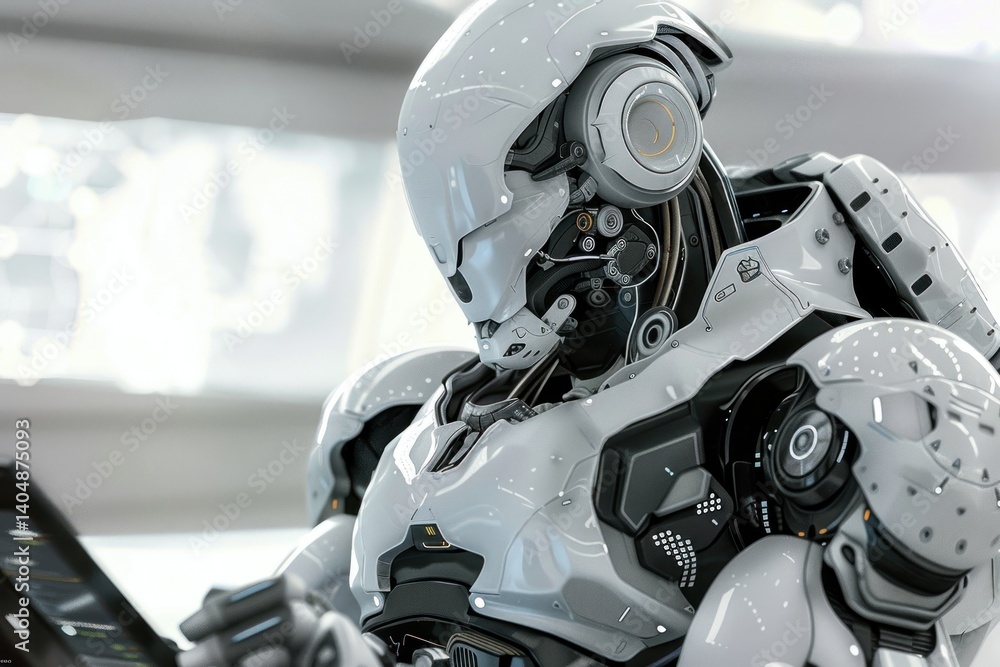 Poster advanced robotic technology, futuristic android close-up