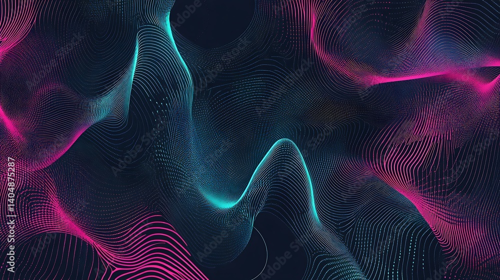 Poster Abstract Flowing Curves of Dotted Lines in Gradient Pink and Cyan on Dark Backdrop