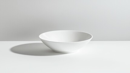 A white bowl sits on a white surface against a gray background.