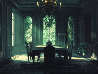 Ornate dining room with sunlight streaming through the windows. The room features a grand table and chandelier, setting a dramatic atmosphere.