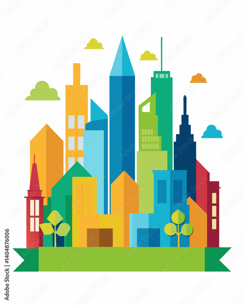 Poster an illustration of a city skyline made up of different colors and shapes symbolizing the integration