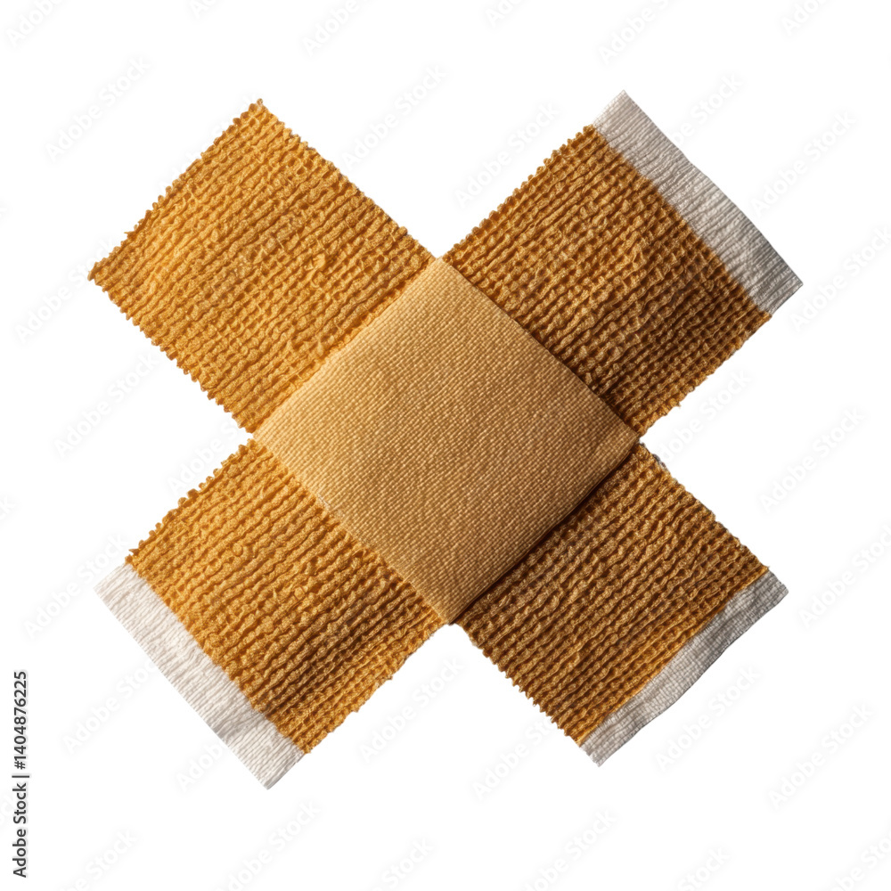Poster a textured golden fabric piece arranged in a cross shape, featuring intricate patterns and contrasti