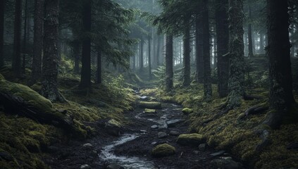 Obraz premium Misty forest path. Lush greenery, moss-covered forest floor, rocky creek meandering through trees
