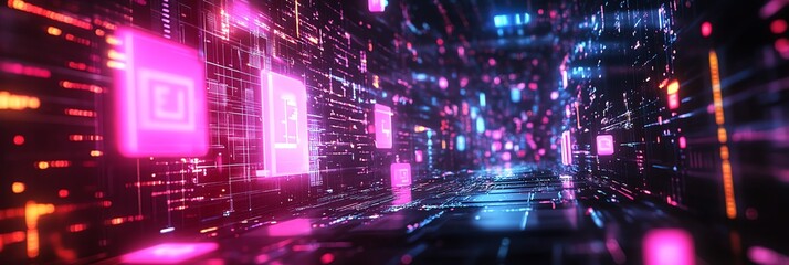 Obraz premium Futuristic blockchain technology background with glowing digital chains and crypto symbols. Dark theme with neon accents, perfect for finance, tech, and cryptocurrency concepts. High-tech and innovati