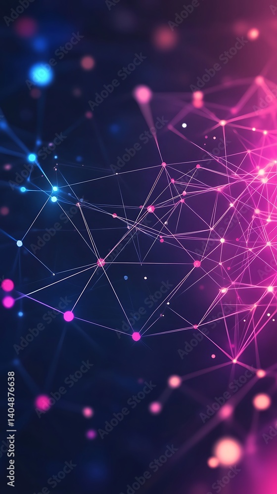 Poster Abstract Network with Neon Pink, Blue Nodes and Lines on Transparent Background