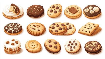 Delicious Variety of Cookies Including Chocolate Chip, Oatmeal, and Frosted Treats
