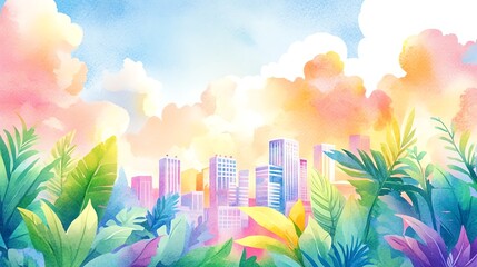 Colorful skyline blending city and nature, vibrant foliage in foreground.