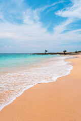 Crystal clear turquoise water meets white sand on a sunny tropical beach, ideal vacation paradise.