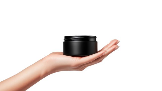 A close-up of a hand holding a sleek black jar against a clean background, ideal for cosmetic or skincare product promotion