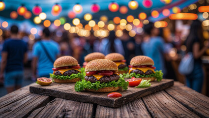 A group of delicious burgers with fresh toppings displayed on a wooden serving board outside.