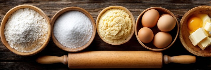 Baking sugar cookies with essential ingredients neatly arranged on a rustic wooden table